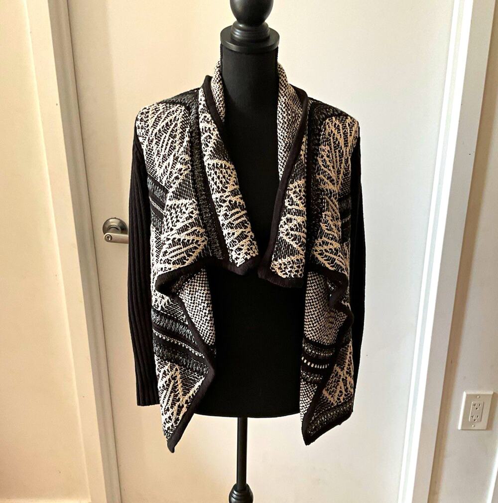 Olive + Oak Womens Geometric Open-Front Knit Cardigan Sweater XS Black Gray